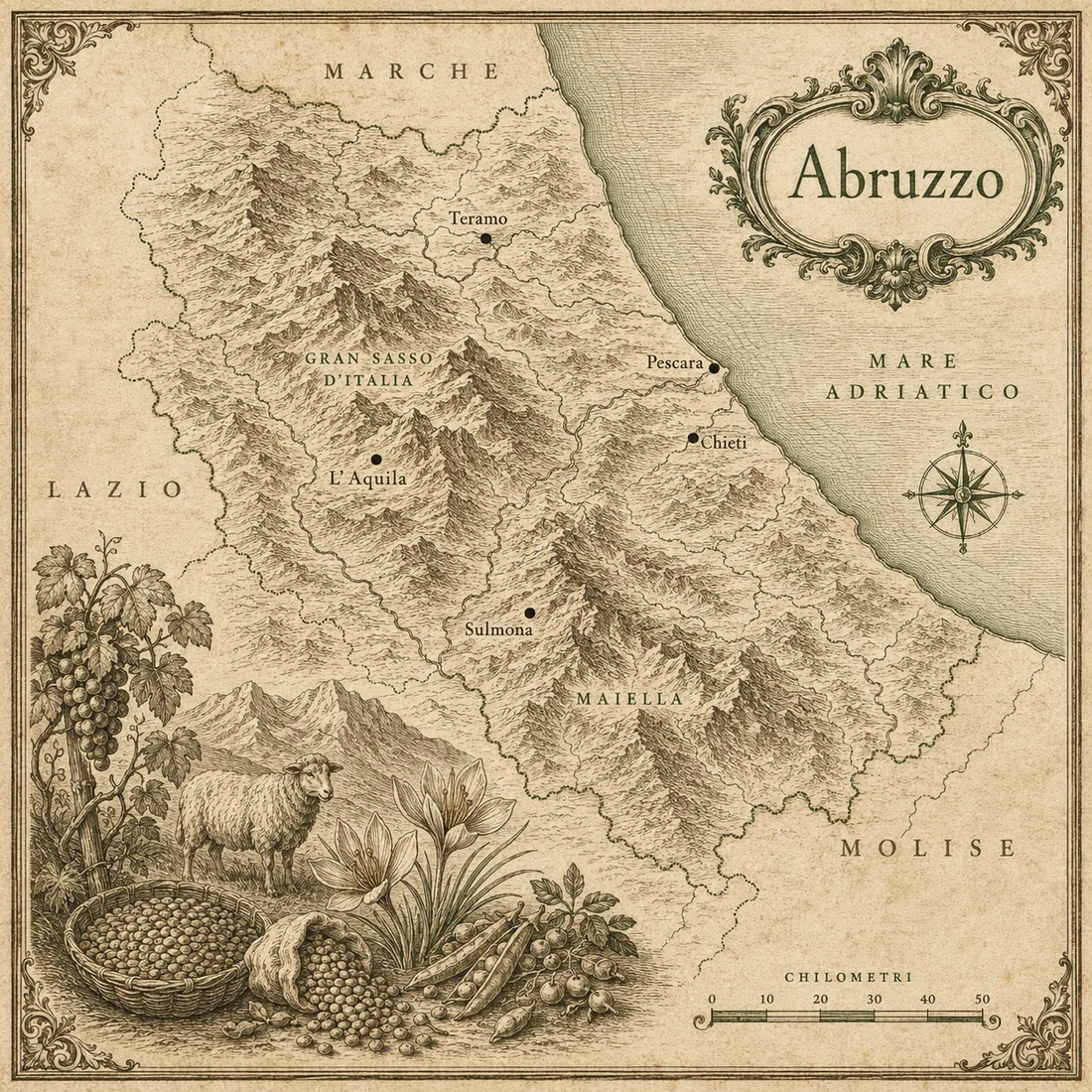 Mappa illustrata Abruzzo in stile incisione antica, cartografia originale Cornucopia.