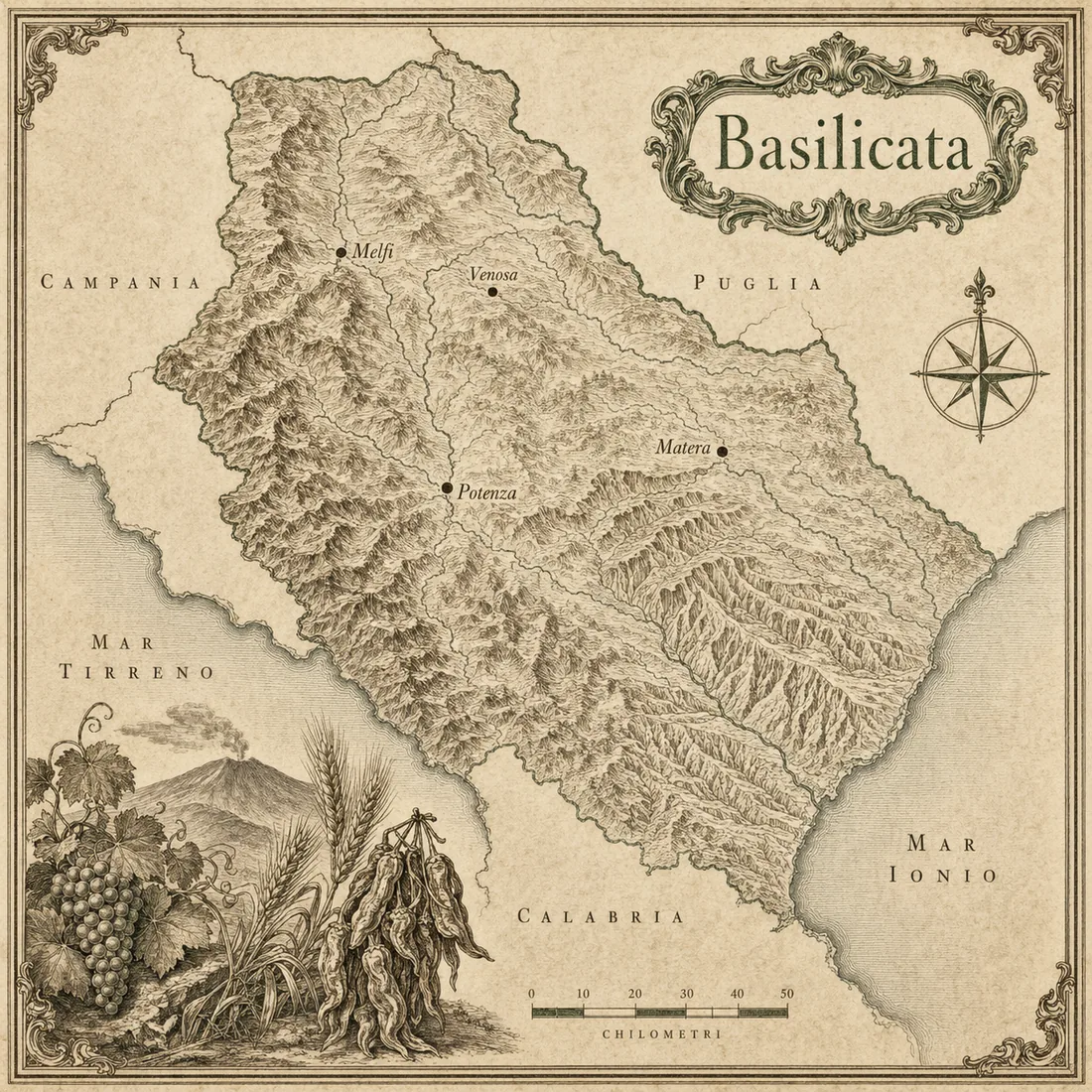 Mappa illustrata Basilicata in stile incisione antica, cartografia originale Cornucopia.