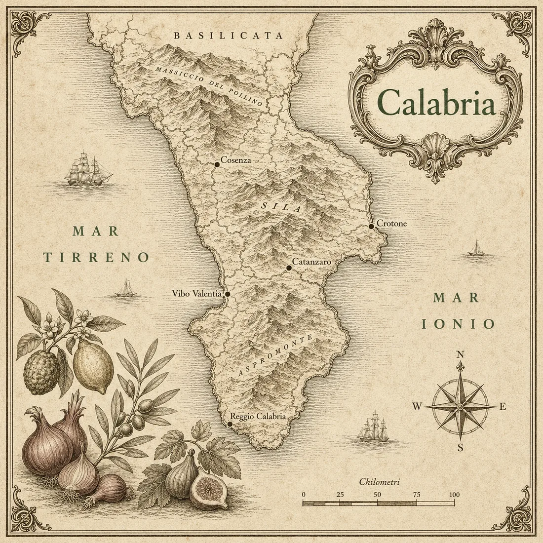 Mappa illustrata Calabria in stile incisione antica, cartografia originale Cornucopia.
