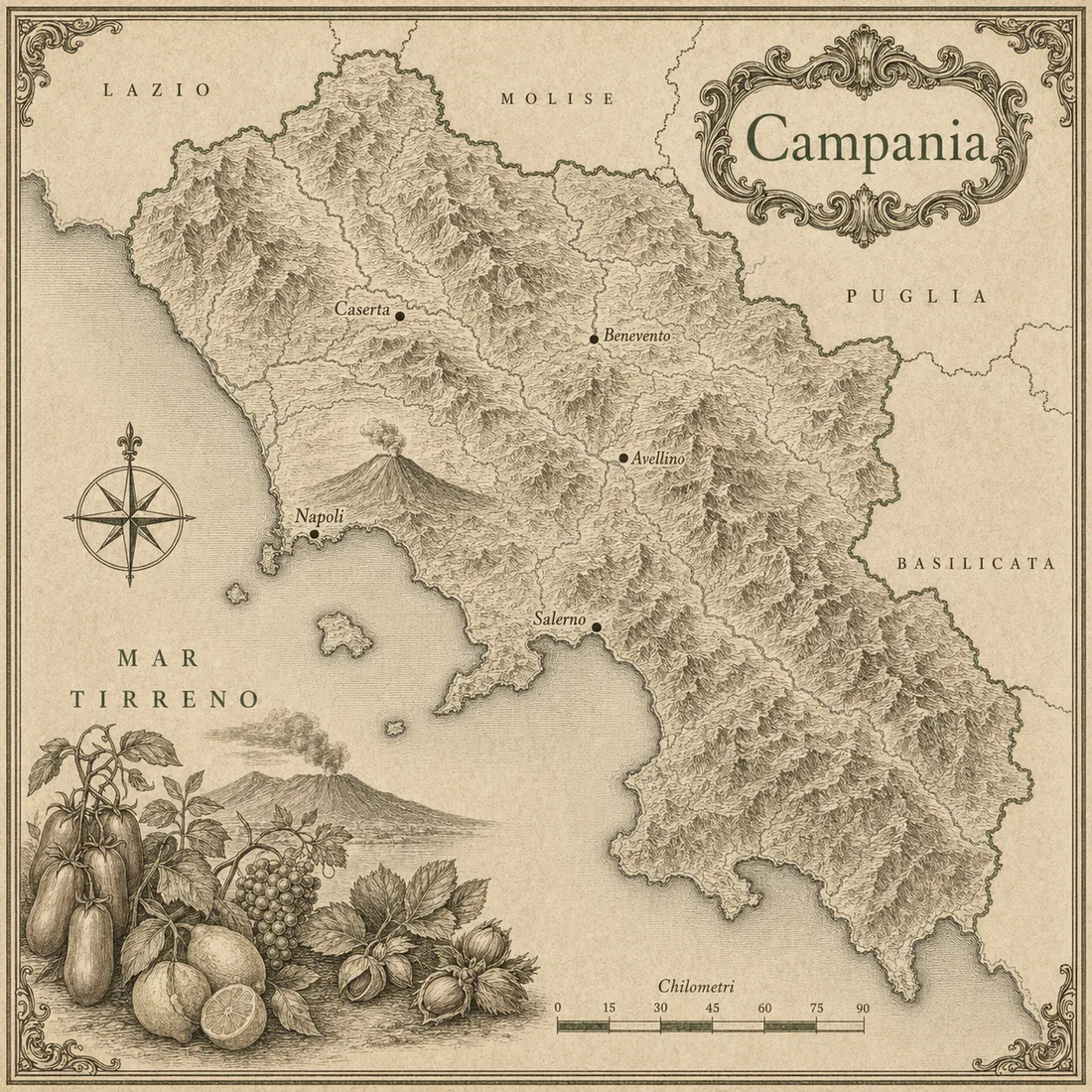 Mappa illustrata Campania in stile incisione antica, cartografia originale Cornucopia.