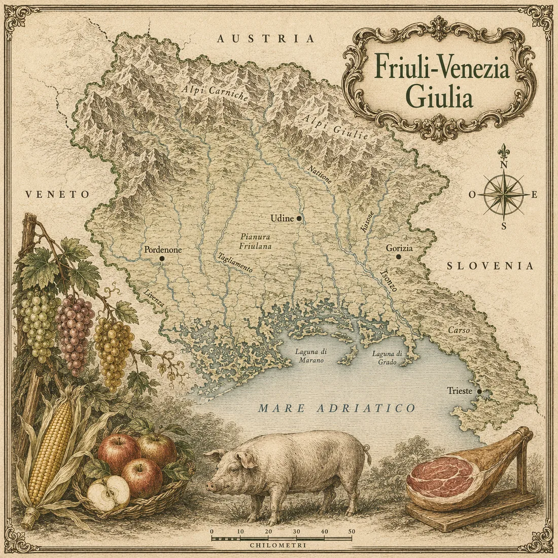Mappa illustrata Friuli-Venezia Giulia in stile incisione antica, cartografia originale Cornucopia.