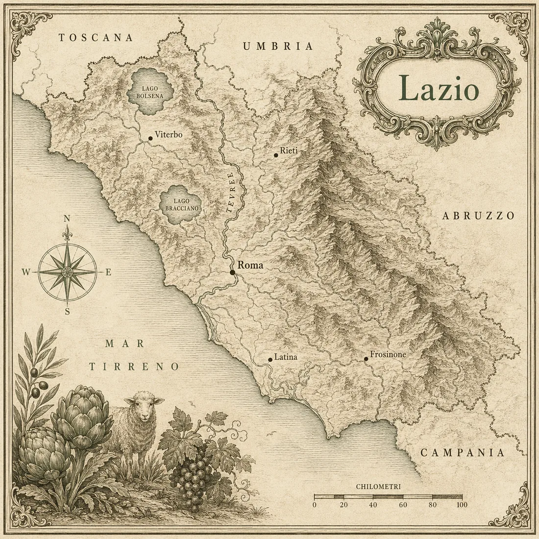 Mappa illustrata Lazio in stile incisione antica, cartografia originale Cornucopia.