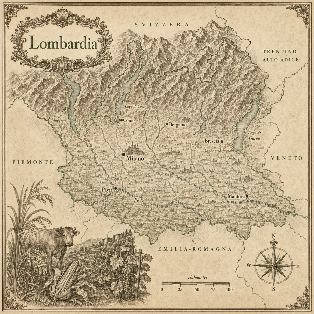 Mappa illustrata Lombardia in stile incisione antica, cartografia originale Cornucopia.