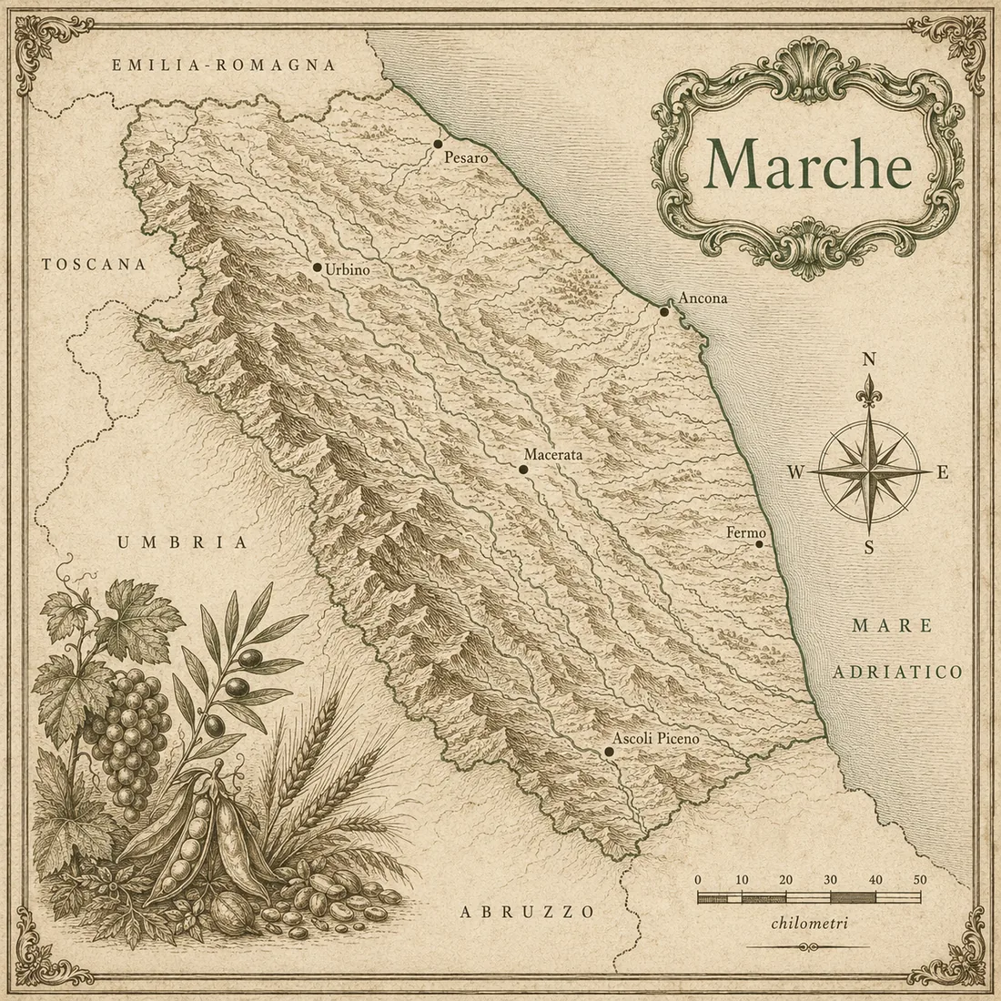 Mappa illustrata Marche in stile incisione antica, cartografia originale Cornucopia.