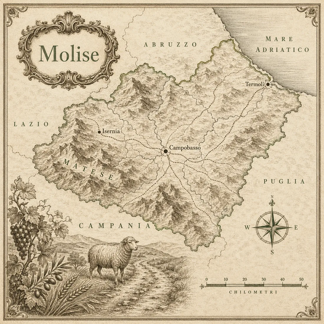 Mappa illustrata Molise in stile incisione antica, cartografia originale Cornucopia.