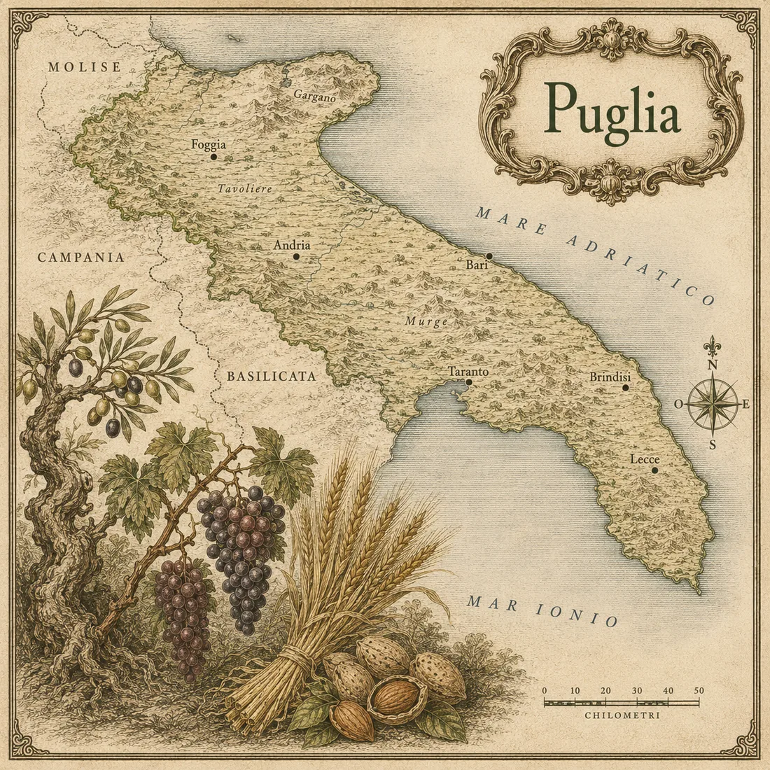 Mappa illustrata Puglia in stile incisione antica, cartografia originale Cornucopia.