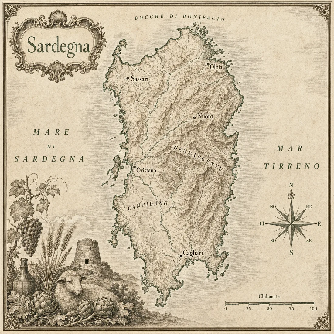 Mappa illustrata Sardegna in stile incisione antica, cartografia originale Cornucopia.