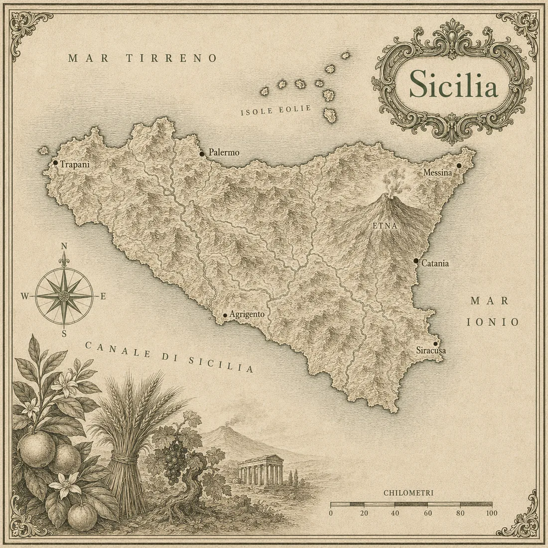 Mappa illustrata Sicilia in stile incisione antica, cartografia originale Cornucopia.