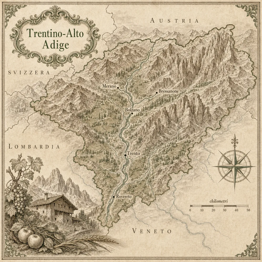 Mappa illustrata del Trentino-Alto Adige in stile incisione antica: rilievo alpino e dolomitico, valle dell Adige, citta principali e maso di montagna. Cartografia originale Cornucopia.