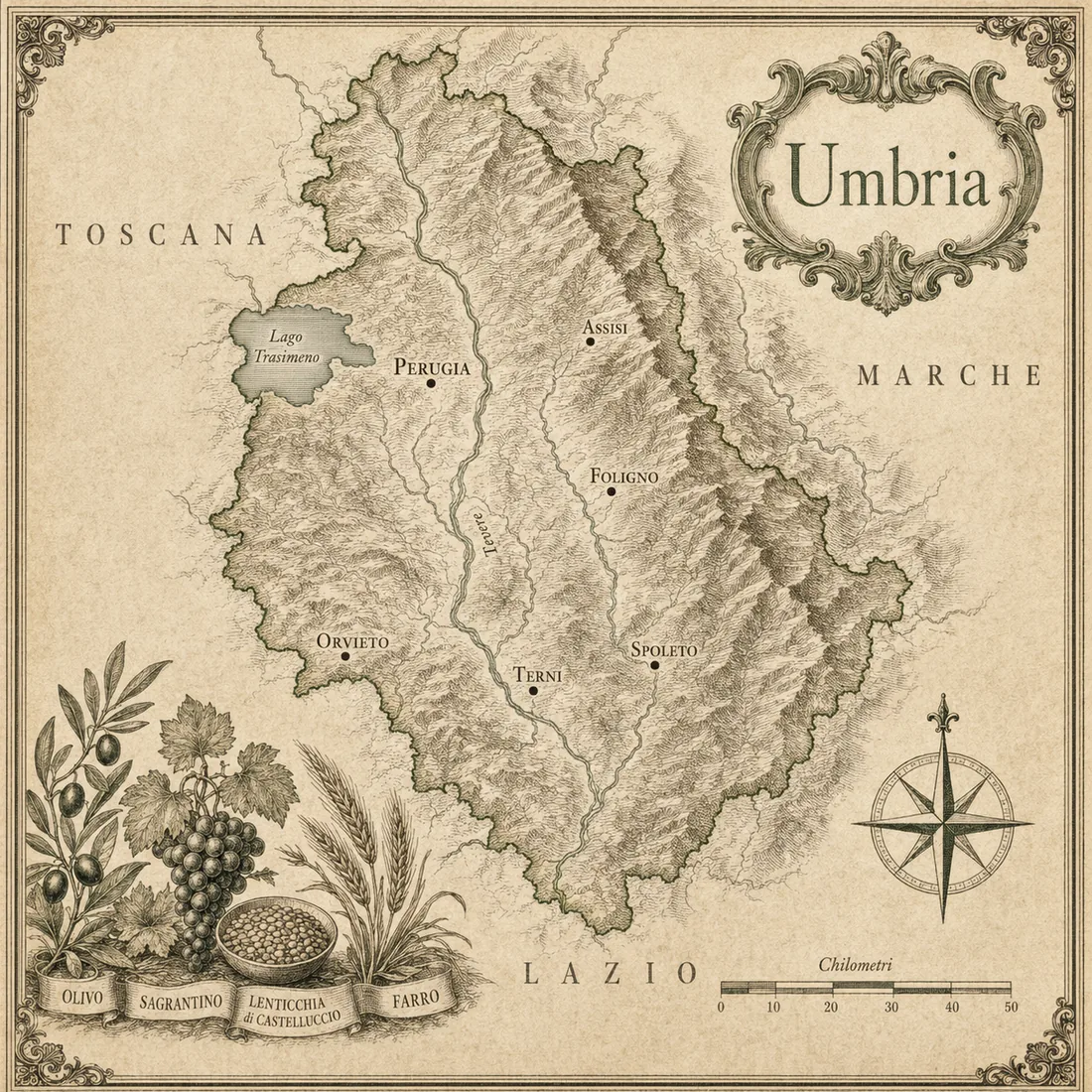 Mappa illustrata Umbria in stile incisione antica, cartografia originale Cornucopia.
