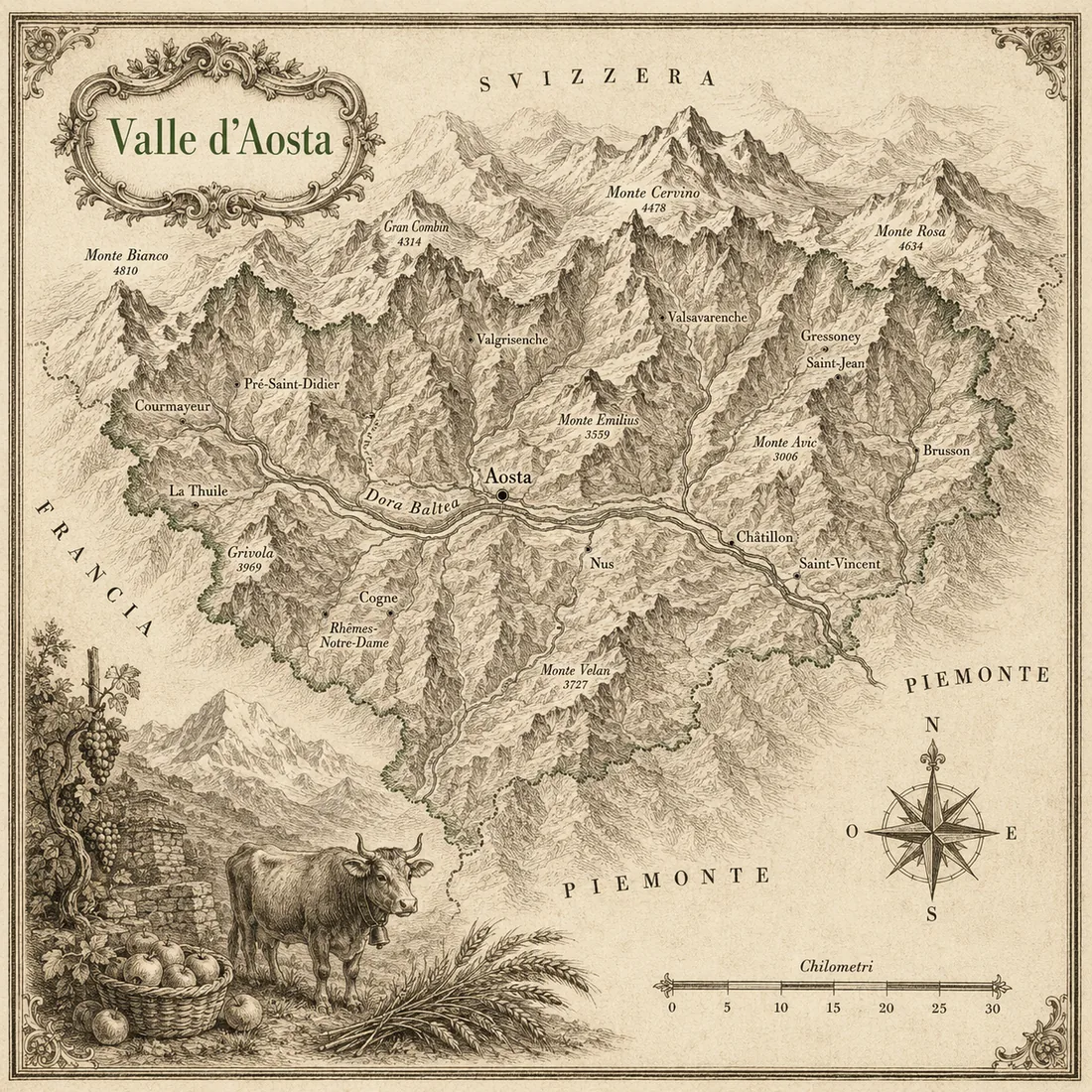 Mappa illustrata Valle d'Aosta in stile incisione antica, cartografia originale Cornucopia.