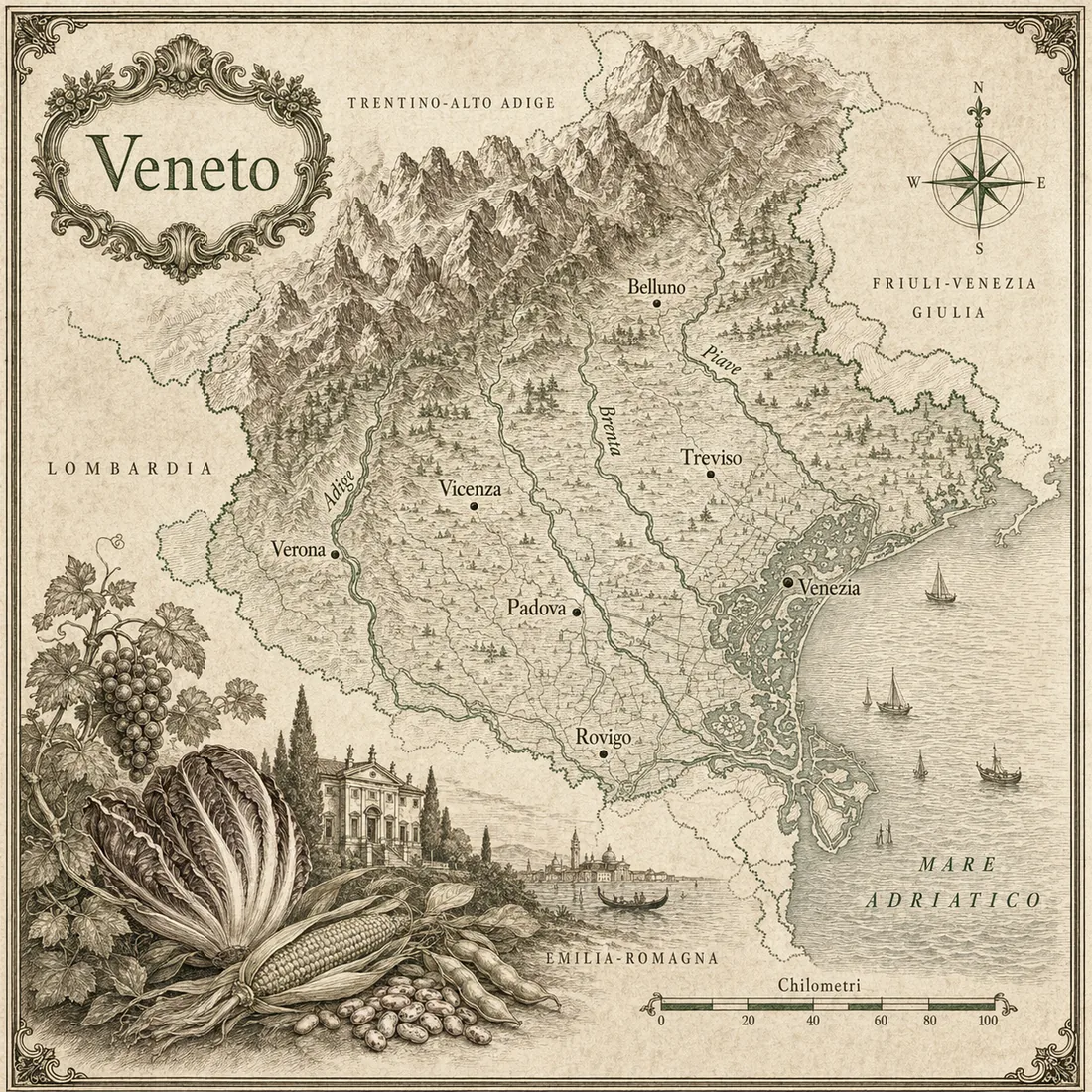 Mappa illustrata del Veneto in stile incisione antica: rilievo dolomitico, pianura, fiumi Adige, Brenta e Piave, laguna di Venezia e citta principali. Cartografia originale Cornucopia.